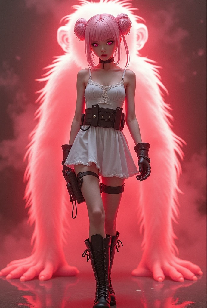White miniskirt dress with black boots、Full image of a girl in combat gear with pink eyes、Monkey Background、Ghost of a monkeyのオーラが背景、Pink eyes and twin bun hair、A beautiful girl in a white one-piece dress and combat gear is surrounded by a red monkey aura in the background.、Full image of the girl、Smaller breasts、Ghost of a monkey、Ghost of a monkey
画像全体を枠内に収まるように。