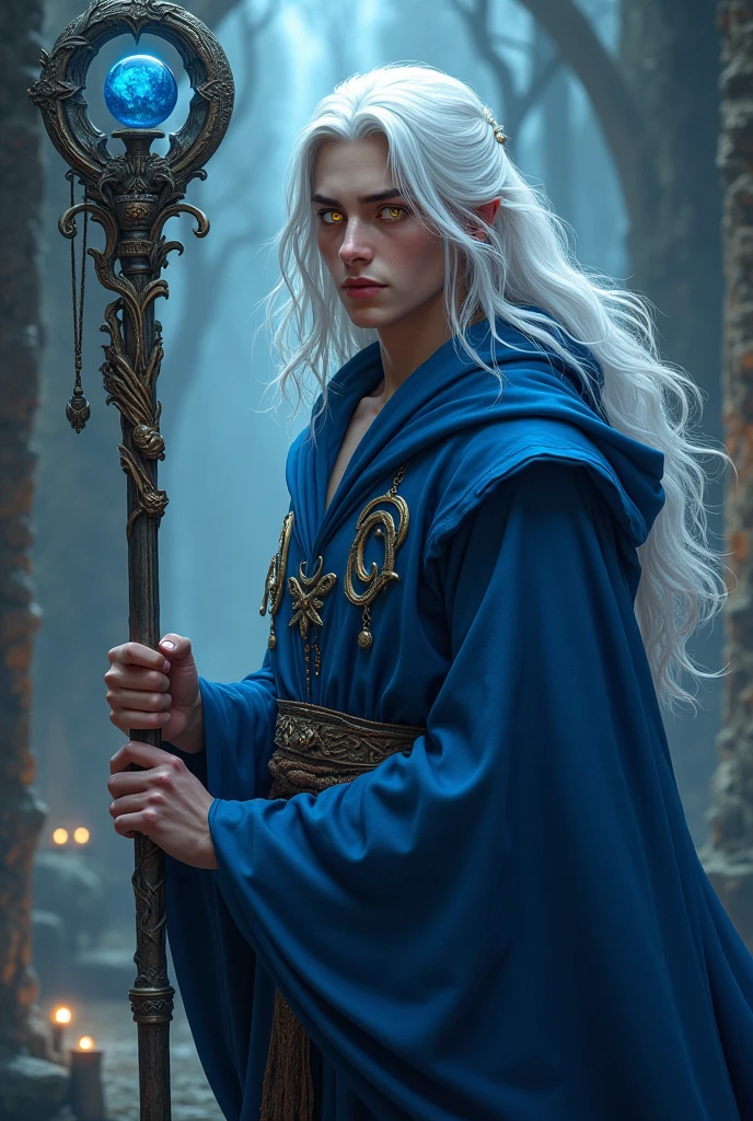 Male wizard in blue robe holding staff, long wavy white hair, yellow eyes, age 20 years