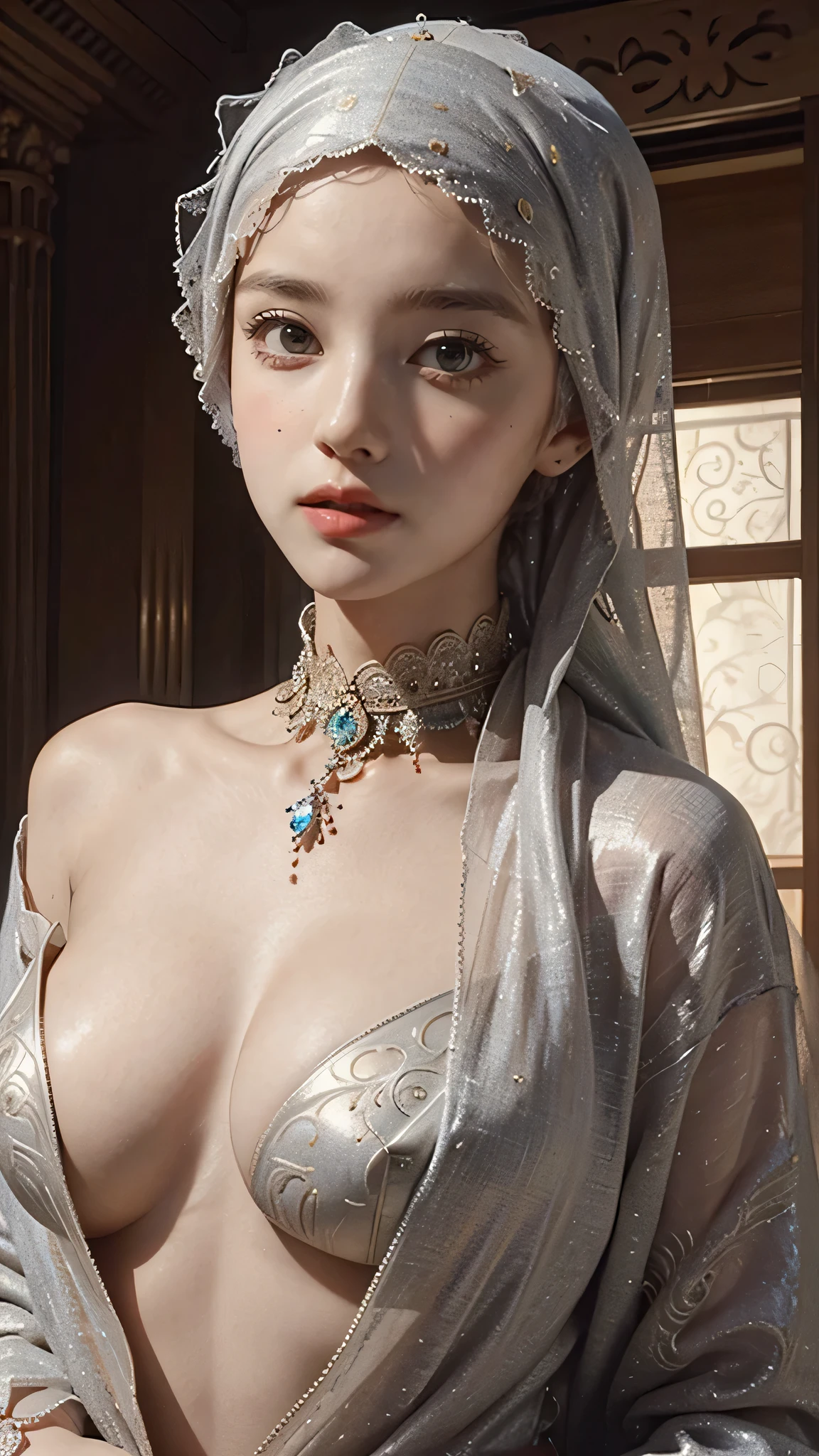 beautiful detailed eyes, beautiful detailed lips, extremely detailed eyes and face, longeyelashes, 1girl, wearing hijab, nude, large breasts, intricate detailed clothing, ornate jewelry, elegant pose, photorealistic, highly detailed, dramatic lighting, cinematic composition, vibrant colors, chiaroscuro, renaissance painting style