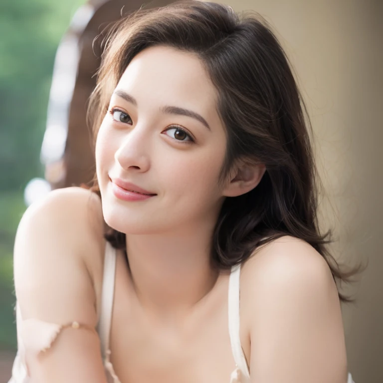 a Close-up portrait of gorgeous smiling cute Japanese woman in a nudity outfit, delicate facial features, porcelain-skinned, ponytail, a fusion of young Marion Cotillard's striking eyes and young Anne Hathaway's introspective gaze, long and slender cute face, Asian winged eyes, wavy nose, full wide lips, flowing very long straight black hair in the air, silhouette, bokeh,
