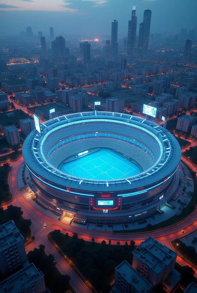 Make me a remodeled stadium from Atlas and make it futuristic with houses around it and make the stadium round with LED walls and make it have the team flag 