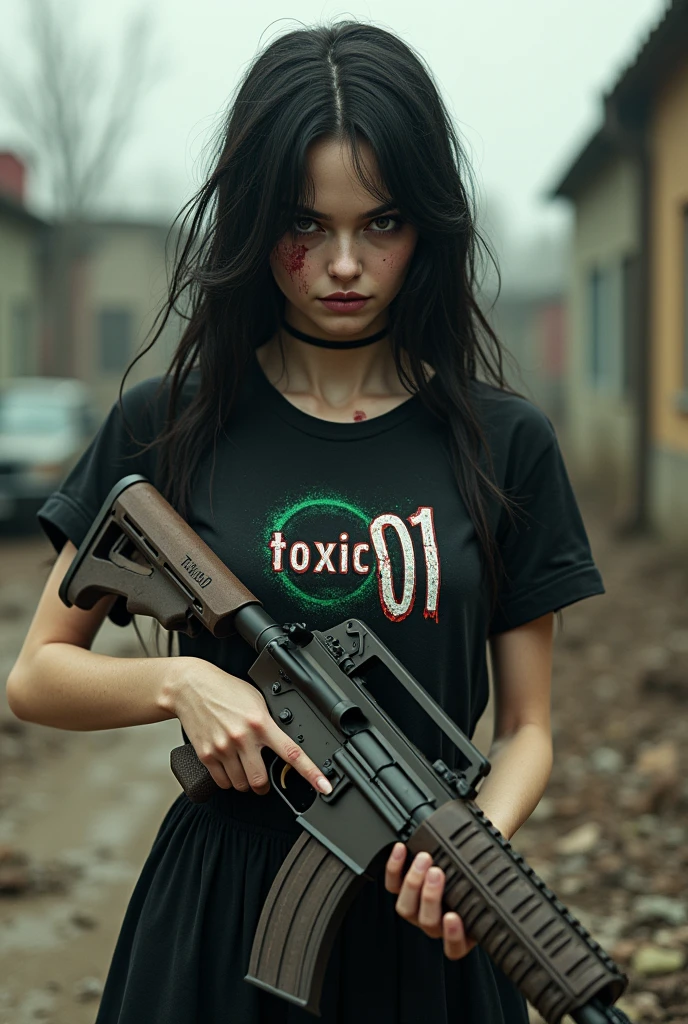 A toxic Girl with m416 in his hand and Toxic01 printed on his dress  In infected area 