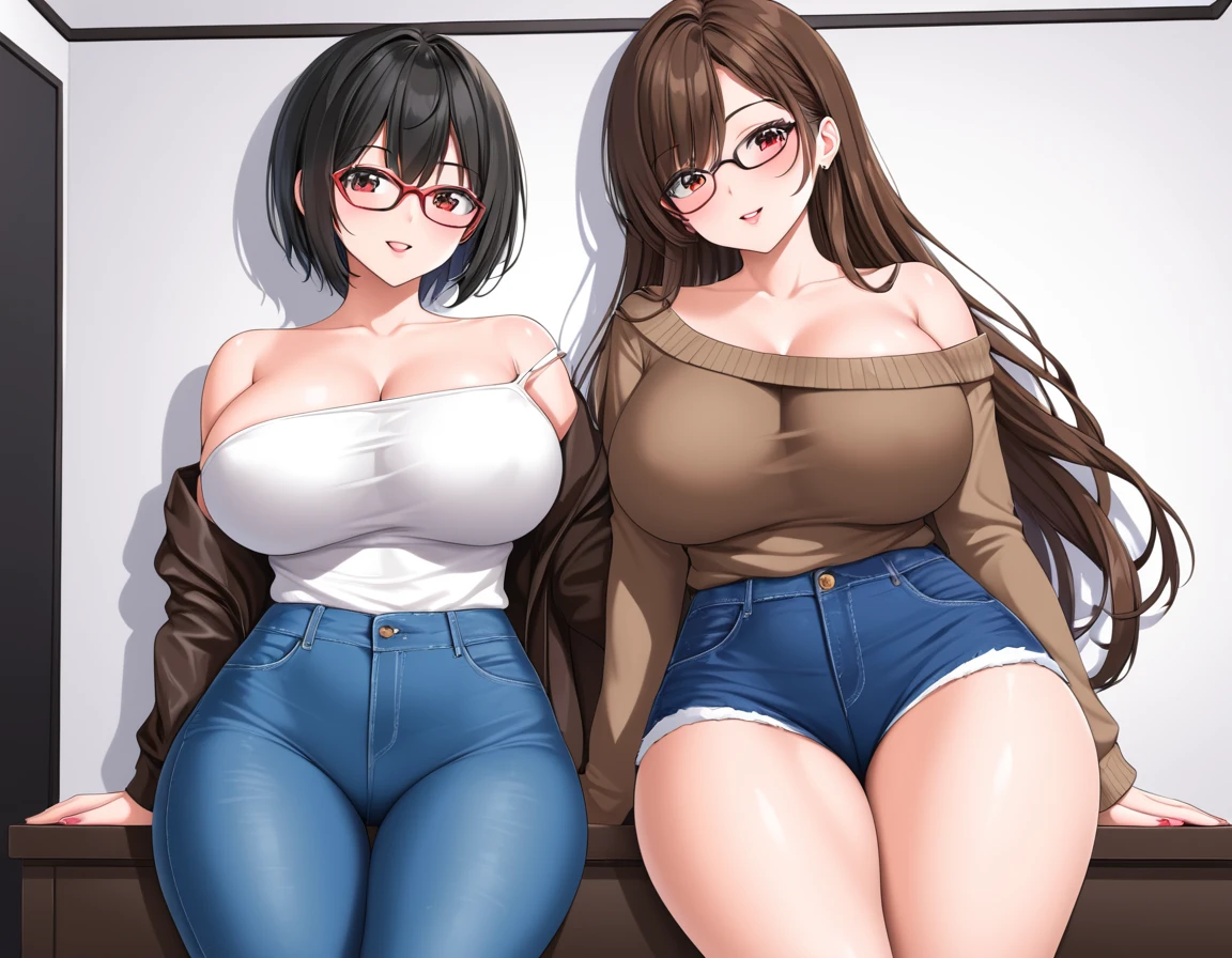 masterpiece,Highest quality,Anime illustration,2 women[(One woman,Wear glasses,Big Breasts,Big Butt,Black Hair,Long Hair,Black eyes,Brown sweater,jeans),(One woman,Big Breasts,Brown Hair,short hair,Red eyes,Off-the-shoulder shirt,Shorts)],Facing forward,studio