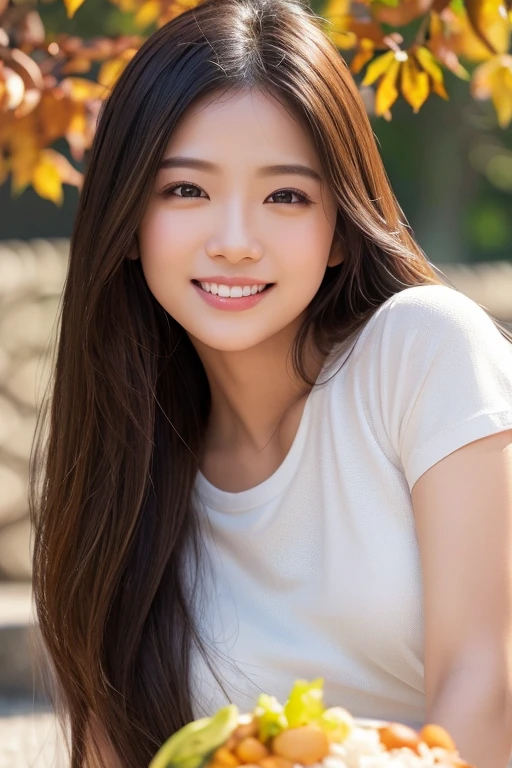 dress、(Photorealistic:1.4)、(hyper Realistic:1.4)、(Realistic:1.3)、(Smooth lighting:1.05)、(映画の照明Improvement of quality:0.9)、32K、One Girl、20-year-old girl、Realistic lighting、Backlight、Facial Light、Ray-tracing、(Bright light:1.2)、(Improvement of quality:1.4)、(Highest Quality Real Texture Skins:1.4)、Finely grained、Detailed painted face、Quality Eyes、(tired, Sleepy and satisfied:0.0)、 (Enhance the mood of your body line:1.1)、(Enhances the beauty of skin texture:1.1)、((My Imada))、Specific Background、smile、whole body、autumn、I am eating rice.、T-Shirts、Long Hair