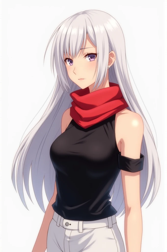 Draw an anime girl with long white hair wearing a black shirt and remove the sleeves so that her arms and a little of her bust can be seen., with red scarf, and with white pants