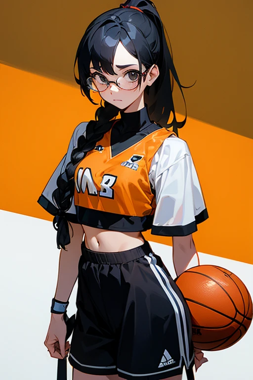 A girl wearing glasses, tied up her black hair, wearing a basketball outfit with a crop top and shorts, looking shy, her whole body visible.