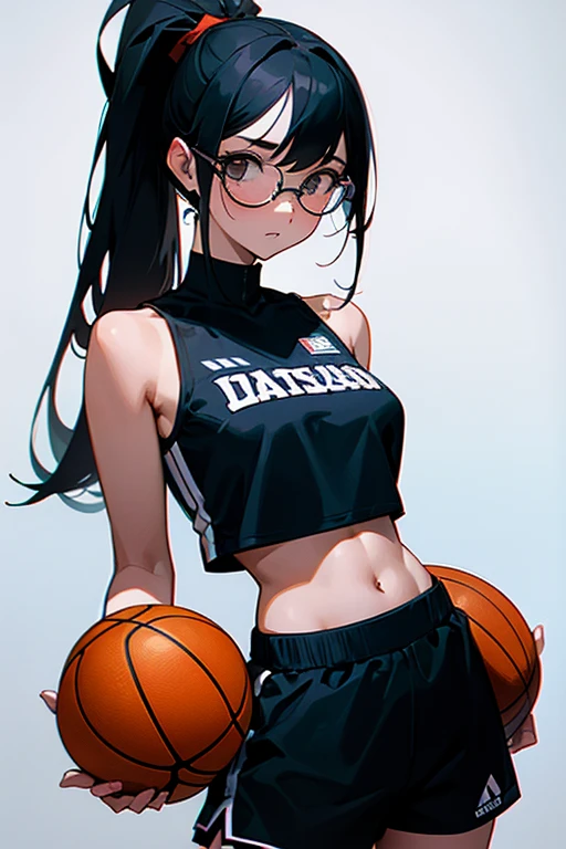 A girl wearing glasses, tied up her black hair, wearing a basketball outfit with a crop top and shorts, looking shy, her whole body visible.