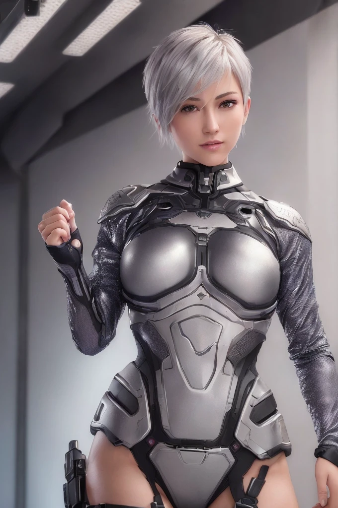 (8k, photorealistic, RAW photo, top quality: 1.4), (1girl), super beautiful, (realistic face), (boyish, silver-colored berry short hair), beautiful cyberpunk suit, glares seducing viewer, beautiful expression, beautiful breasts, (realistic skin), beautiful smile, (soldier), attractive, ultra high resolution, ultra realistic, high definition, spoiled