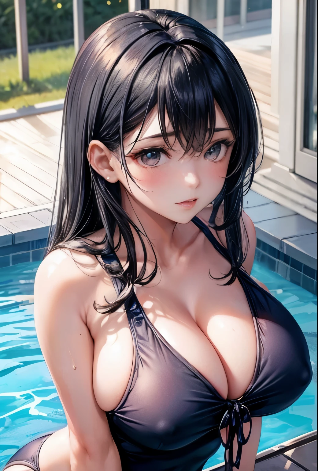 Black Hair Navy blue new school swimsuit Big Breasts Midsummer Pool