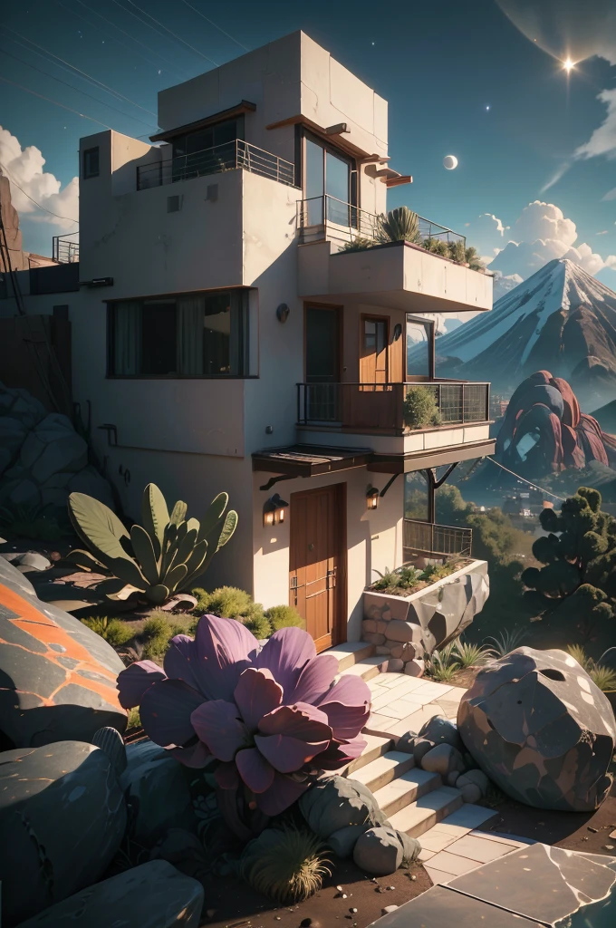 small and beautiful modern house in top of big boulders, terraces, pool, stairs, multiple cacti gardens, palms, trees, rocks, beautiful landscape design, mountains and volcano y background, amazing clouds, sun, moon, planets, milky way galaxy, concrete, wood, glass and steel materials, olive green, violet, orange and withe colors in facade