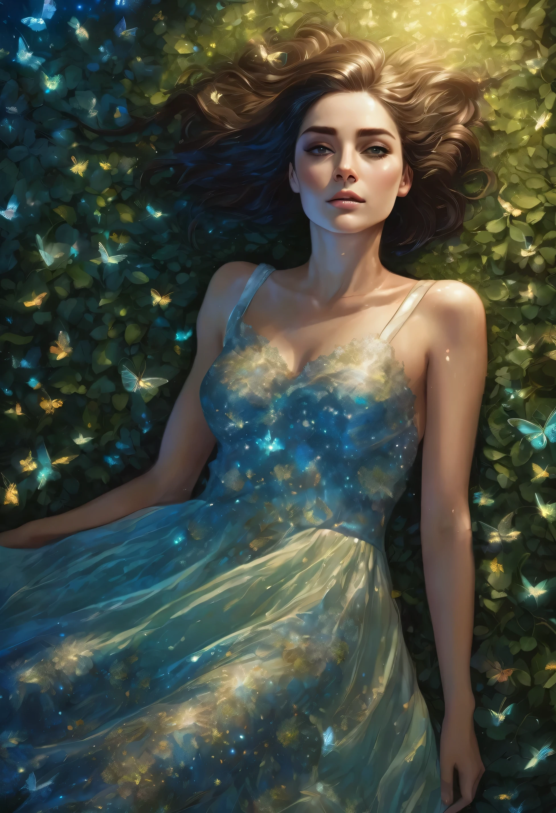 A digital artwork resembling a photograph of an adorable woman lying on the ground, looking directly at the viewer with big and blue, expressive eyes. The short dress of the woman is revealing and beautiful, with each fibre finely detailed and shimmering with tiny fireflies under a dimly lit night sky. Leaves gently fall around it, adding to the magical, serene atmosphere. The scene is set on a rough textured surface that resembles wood. The color palette is dominated by shades of green and white, emphasizing a chilly, enchanting ambiance