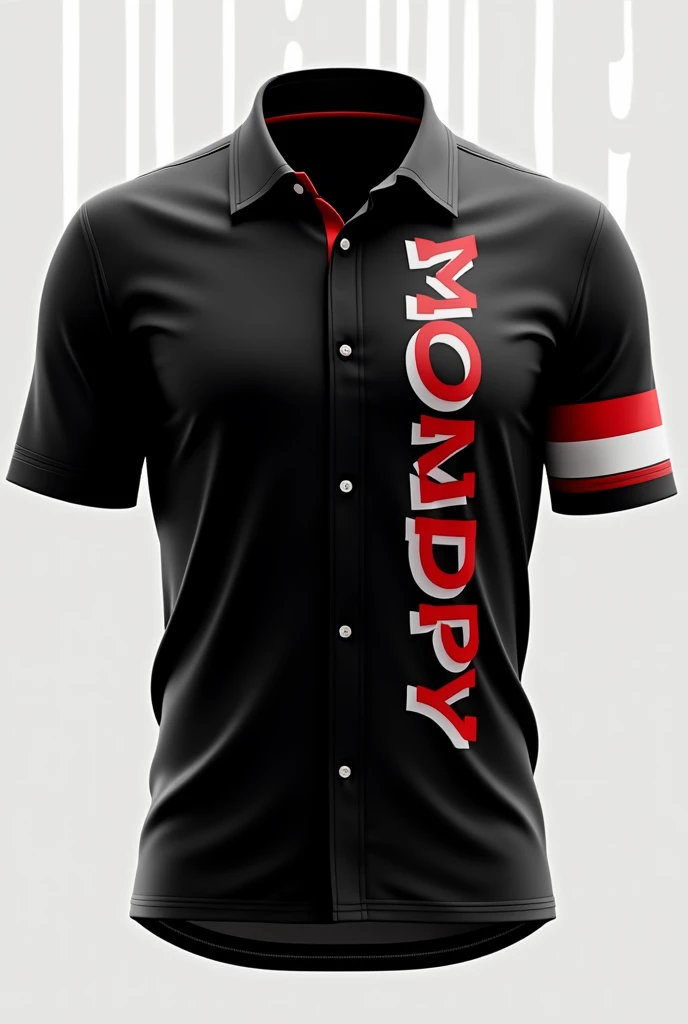 Uniform shirt with the name WONDY on the right side, average size, black color, Red and white with a modern design, simple and fun