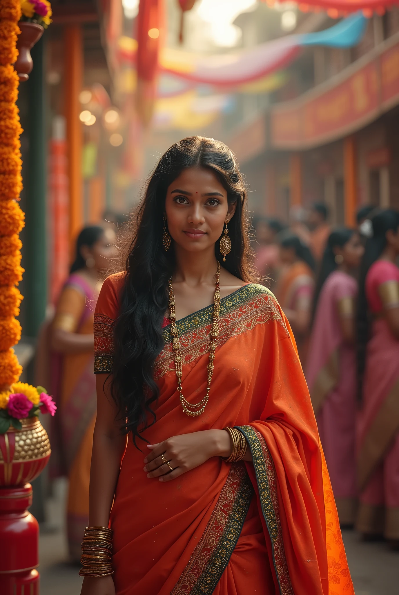 Aaravi participating in a traditional Hindu festival, dressed in colorful traditional attire, surrounded by festive decorations and cultural elements. detailed face and eyes, high quality, 8k, photorealistic, dramatic lighting, cinematic composition, muted color palette