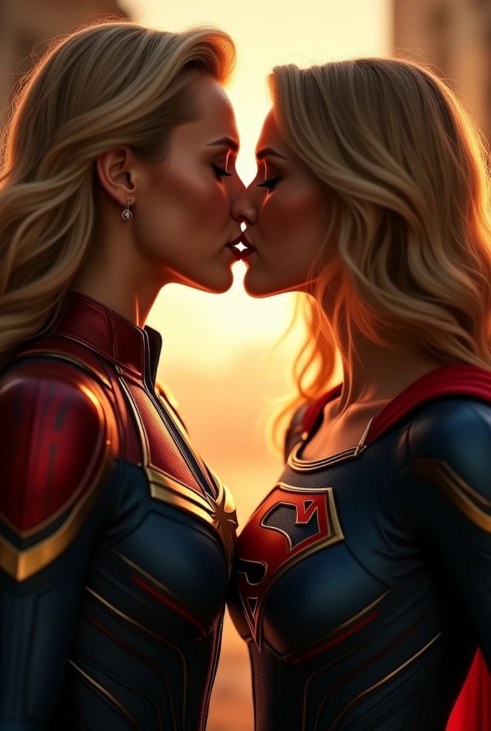 A stunning portrait of Captain Marvel and Supergirl touching each others breasts, kissing, French kissing, tongues touching, they are kissing, young and beautiful, hyper realistic, real portrait, backlit, exquisite features, cleavage, ecstasy, super girl:1.3