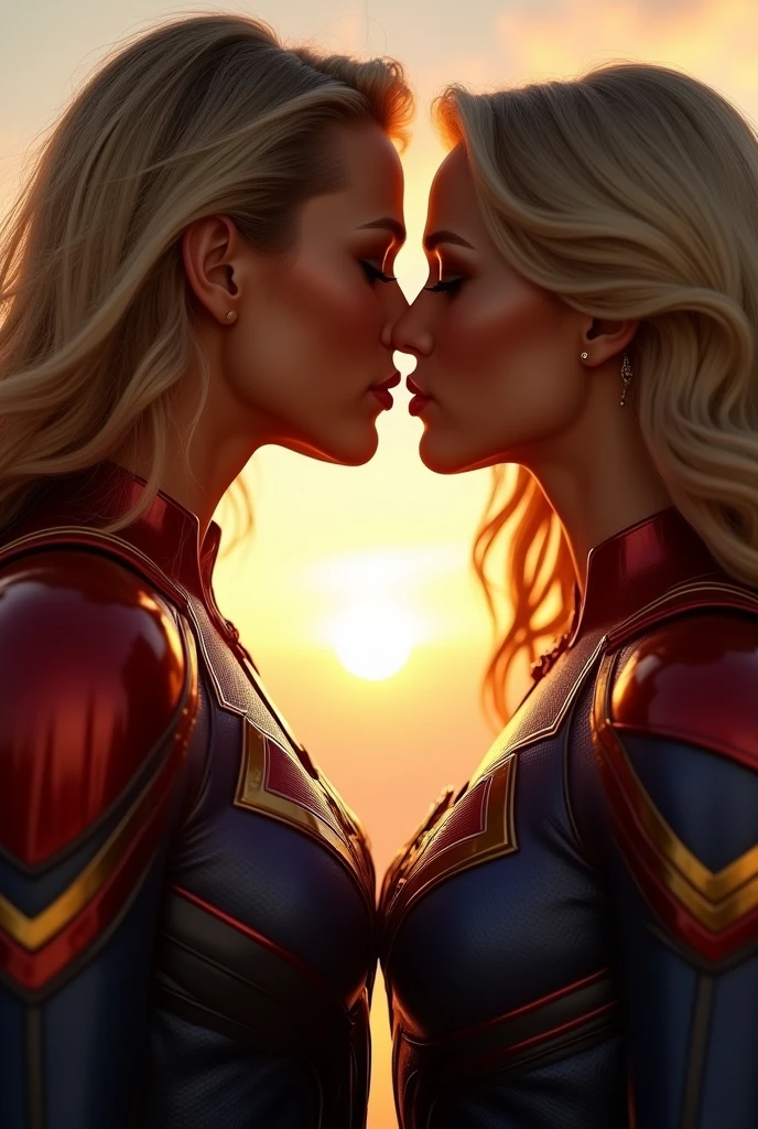 A stunning portrait of Captain Marvel and Supergirl touching each others breasts, kissing, French kissing, tongues touching, they are kissing, young and beautiful, hyper realistic, real portrait, backlit, exquisite features, cleavage, ecstasy, super girl:1.3