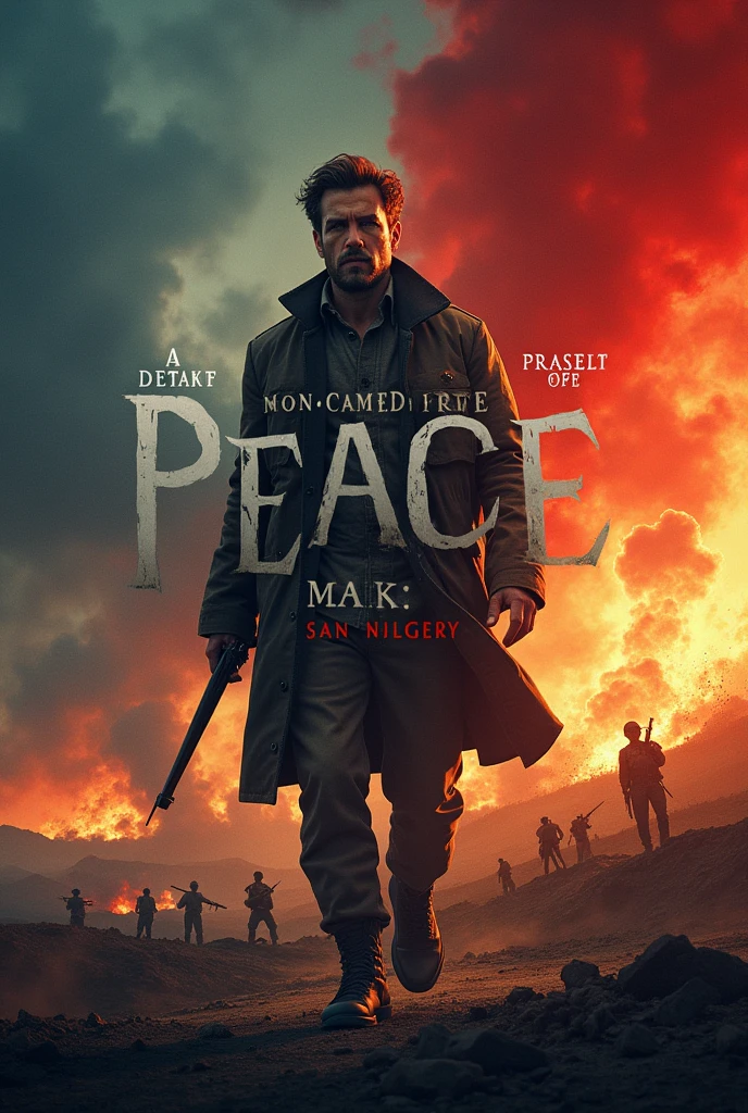 A powerful and realistic Movie poster with the title "THE PEACE MAKER" images and title must be bold and visible.