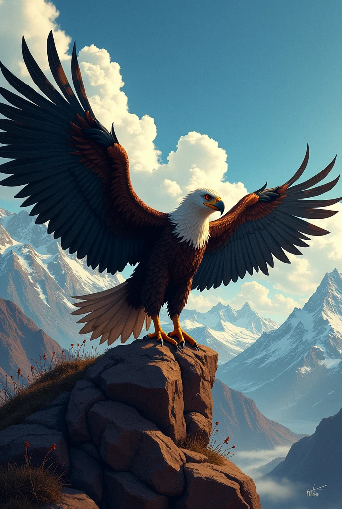 Majestic Condor: In the center of the illustration, represents the condor in all its majesty, with its outstretched wings and commanding presence. The condor must appear imposing and powerful, capturing his central role in the poem.

Andean Scenario: Locate the condor in a mountainous landscape, with the majestic peaks of the Andes and a wide sky. This contextualizes the condor in its natural habitat and highlights its connection with the landscape..

Elements of Revenge: If the poem deals with the revenge of the condor, You can include visual elements that suggest conflict or retaliation. This could be represented through the posture of the condor., or elements in the background that suggest a story of injustice or confrontation.

Cultural Details: Add details that reflect Andean culture, as traditional symbols or patterns that may be related to Peruvian mythology or folklore.

Atmosphere and Emotion: Use colors and lights to create an atmosphere that reflects the tone of the poem. Dramatic and contrasting colors can accentuate the intensity and emotion of revenge..