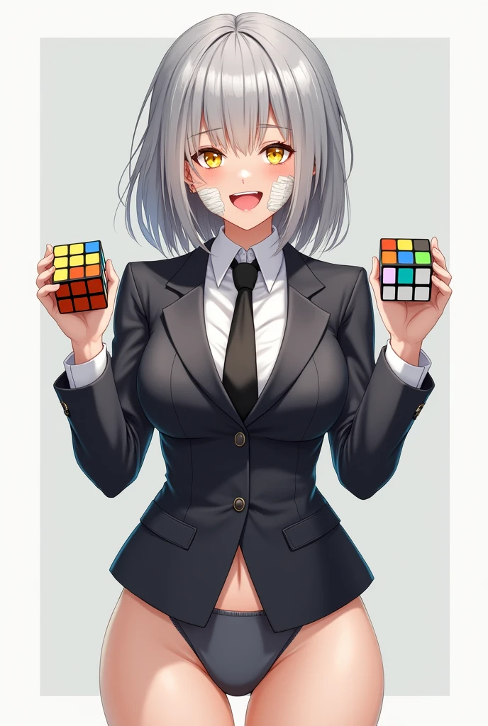 Semi-realistic art style. Face is low-detailed compared to everything else. Woman with a suit and tie. She smiles with teeth showing. Her eyes are yellow. She is in her grey panties. Bangs cover her forehead. Her hair is grey. She holds two Rubik’s cubes, one on each hand. Cute band aids on face