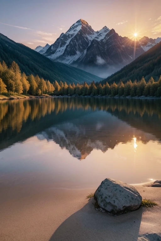 A beautiful sunset scene with mountains in the background, represented in a drawing or painting style. The sky is painted in warm tones, like orange, pinks and purples, as the sun sets behind the mountains. Spotlight, There are several lush green plants that stand out in the composition, with artistic details that highlight its natural beauty. The image format is rectangular, Ideal for a WhatsApp profile cover photo