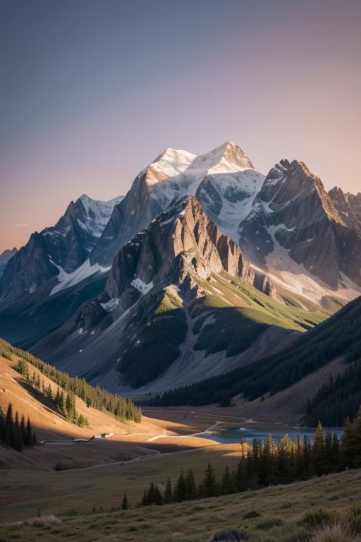 A beautiful sunset scene with mountains in the background, represented in a drawing or painting style. The sky is painted in warm tones, like orange, pinks and purples, as the sun sets behind the mountains. Spotlight, There are several lush green plants that stand out in the composition, with artistic details that highlight its natural beauty. The image format is rectangular, Ideal for a WhatsApp profile cover photo