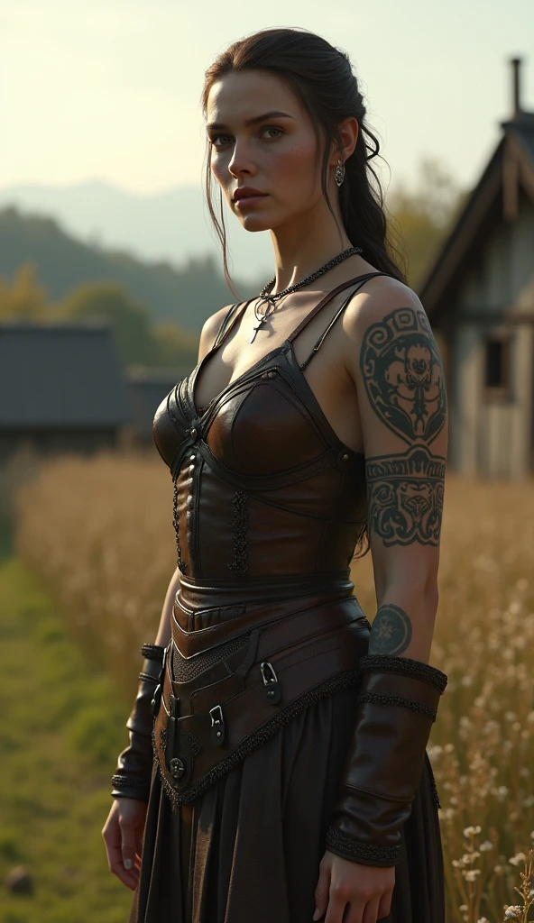 In the background of a background village,, an ultra-realistic woman viking, leather clothing, viking tattoos, stands in soft lighting. This photography-inspired composition captures the soft details of the subject, with ultra-high detail and cinematic aesthetics. With Octane rendering and Artstation's trending style, this 16k image is a masterpiece of ultra-realism and detail