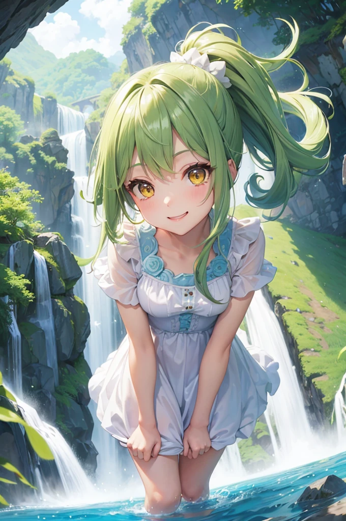 (panoramic, low angle style), (pov, dynamic pose), (solo:2, 15 yo), (detailed beautiful ponytail green hair long hair) (best cute girl) (beautiful sexy yellow eyes) (love smile), in a pink summer one piece dress, break, in the Hiji Falls, background immensely beautiful biggest A vast waterfall, BREAK, 16K, masterpiece, best quality, beautiful detailed waterfall.