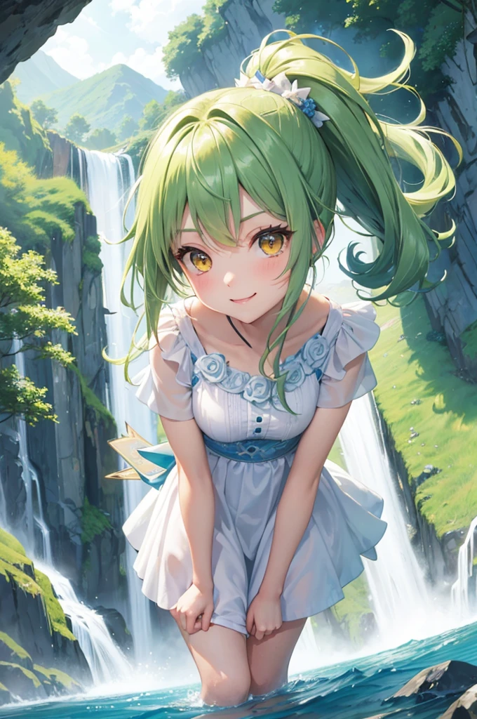 (panoramic, low angle style), (pov, dynamic pose), (solo:2, 15 yo), (detailed beautiful ponytail green hair long hair) (best cute girl) (beautiful sexy yellow eyes) (love smile), in a pink summer one piece dress, break, in the Hiji Falls, background immensely beautiful biggest A vast waterfall, BREAK, 16K, masterpiece, best quality, beautiful detailed waterfall.
