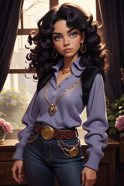 Alone,women,women humana, 1 girl,((black fur, by the wide, Curly hair)), (White skin), young adult, Skinny body, purple eyes, blue pupils, Detailed hair, detailed face, detailed eyes, detailed sweater, grey sweater, enfundado, stock, tight shirt, long-sleeve shirt, Whole body, Tight jeans, neck, flower accents on earrings, blue roses, Flower earrings, button the shirt, collar, gold trim neck, purple reflections, great fantasy hall,(masterpiece,high quality, anything, 8k high definition),close up portrait, looking at the viewer, evening, interior, standing, poos belt buckle, tight boots, Whole body 