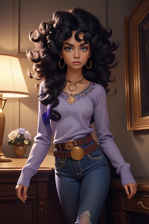 Alone,women,women humana, 1 girl,((black fur, by the wide, Curly hair)), (White skin), young adult, Skinny body, purple eyes, blue pupils, Detailed hair, detailed face, detailed eyes, detailed sweater, grey sweater, enfundado, stock, tight shirt, long-sleeve shirt, Whole body, Tight jeans, neck, flower accents on earrings, blue roses, Flower earrings, button the shirt, collar, gold trim neck, purple reflections, great fantasy hall,(masterpiece,high quality, anything, 8k high definition),close up portrait, looking at the viewer, evening, interior, standing, poos belt buckle, tight boots, Whole body