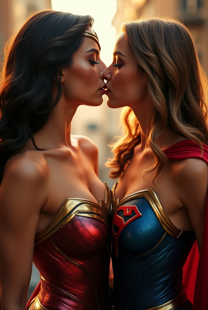 A stunning portrait of Wonder Woman and Supergirl touching each others breasts, kissing, French kissing, tongues touching, they are kissing, young and beautiful, hyper realistic, real portrait, backlit, exquisite features, cleavage, ecstasy