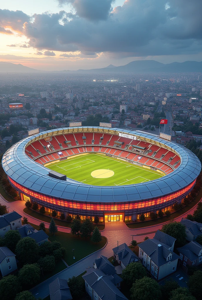 Make me a remodeled Atlas stadium and houses around it and that the stadium is round with LED walls and that it has the Atlas team flag