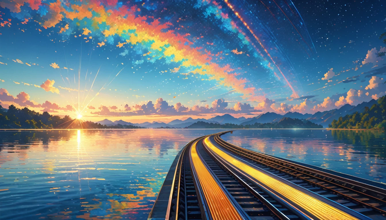 score_9, score_8_upper, score_7_upper,Train running on water,Large Lake,beautiful水面,(((Side Angle))),Angle from afar,Stations on the water,Lake as far as the eye can see,(((blue))),summer,horizontal line,Morning Glow,Starry Sky,Streaks of Light,(masterpiece, Highest quality, Highest quality, Official Art, beautifull, beautiful:1.2,Ray Tracing),Very detailed,Blue tones,Very detailed, (Fractal Art:1.3),  Most detailed, High resolution, Impressive visuals, (Dynamic Stripes, Light trail:1.2), Vibrant colors ,Detailed Images