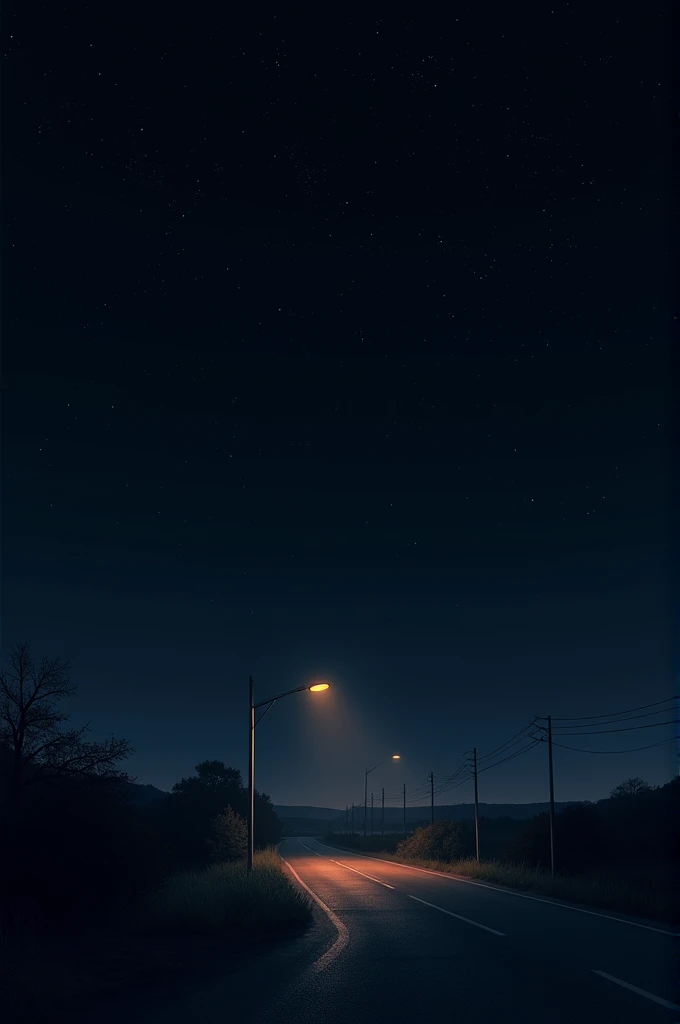 Its night in the night and there is a road and sky is black with star and the street light ray falling and sad vibe