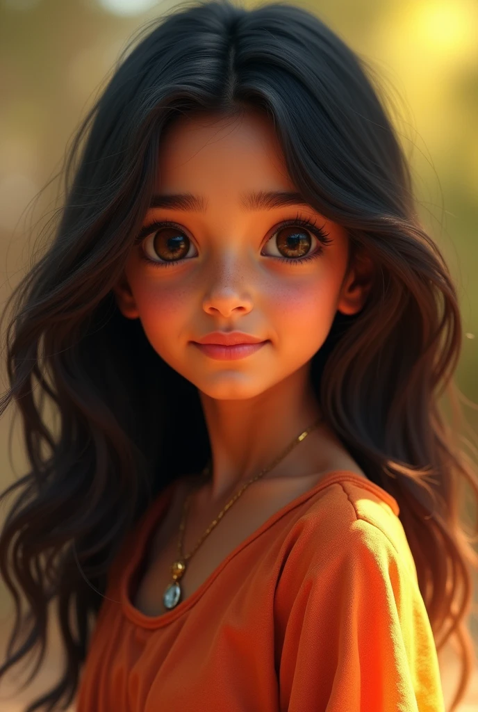 A cute indian girl with black hair and light brown eyes