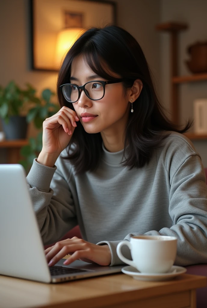 Woman with semi-long dark hair, with glasses, sitting at a living room table with a computer and a cup of coffee. She is a mother of two young people. Wear a sweatshirt, earrings