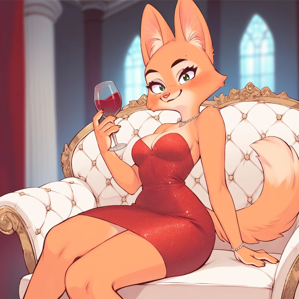 Diane Foxington, ginger fur, silver piercing on eyebrow, emerald eyes, red dress, holding wine, sitting on the sofa, smirk, looks at viewer, blush, indoors, mansion, alone, by diives