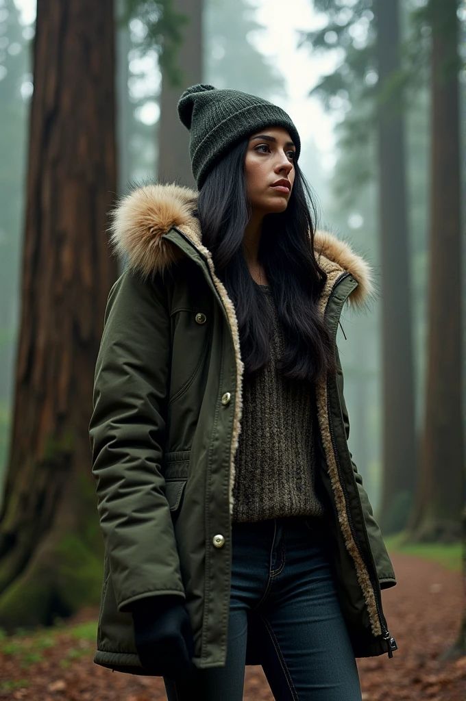 prompts Copy a photo of a woman (sympathetic facial expression), dark-black half-flowing hair, faux fur lined parka with skinny jeans and a beanie, group profile, tall ancient redwoods create a sense of wonder and awe, perfect eyes, ((harsh lighting: 1,4)), color Velvia 100, shot on a Cinestill 800T, hips, sharp focus on the object, filmed by Manuela Marquez INFO