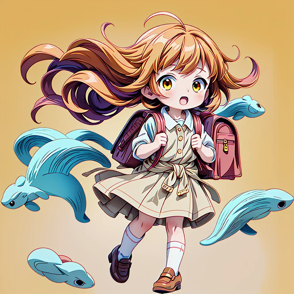 1girl,(((Perfect Anatomy、Highest quality、Masterpiece、Official Art、Super detailed、Dynamic structure、Anime Style)))、Elementary school students、Red dress with large yellow buttons around the waist、White Y-shirt、Red on the neck🎀、White knee-high socks、Brown Loafers、Carrying a red backpack、A soprano recorder is visible from the school bag.、Being buffeted by strong winds、Image from above、Strong wind blowing from the viewer's side、Strong wind blowing from the direction of travel, hair blowing back、Yellow simple background、