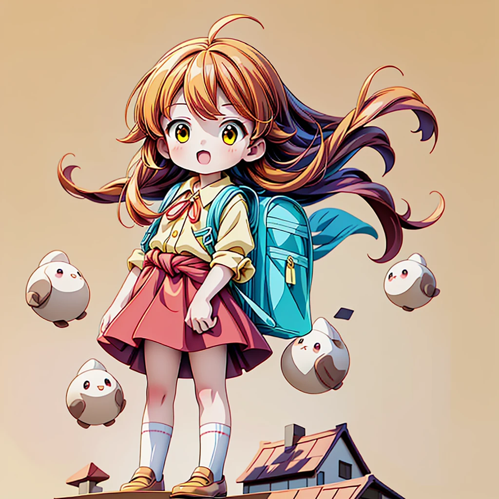 1girl,(((Perfect Anatomy、Highest quality、Masterpiece、Official Art、Super detailed、Dynamic structure、Anime Style)))、Elementary school students、Red dress with large yellow buttons around the waist、White Y-shirt、Red on the neck🎀、White knee-high socks、Brown Loafers、Carrying a red backpack、A soprano recorder is visible from the school bag.、Being buffeted by strong winds、Image from above、Strong wind blowing from the viewer's side、Strong wind blowing from the direction of travel, hair blowing back、Yellow simple background、