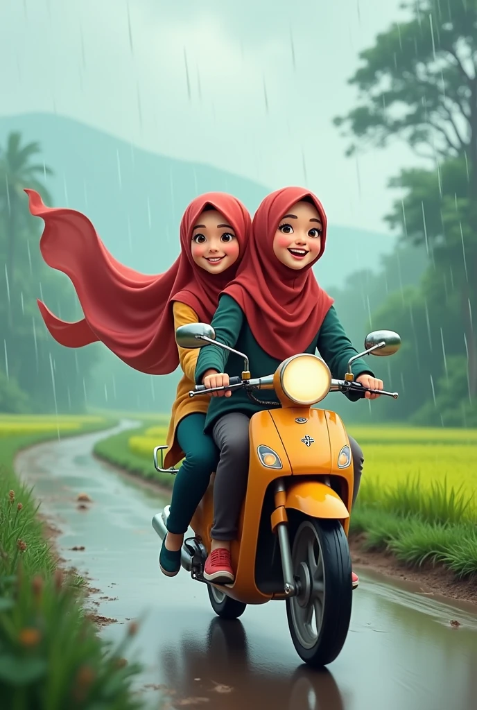 Two muslim cartoon sisters with longscarf are happily riding the motorcycle eventhough it is rainy along the road with the view of paddyfield, please cover their aurat.