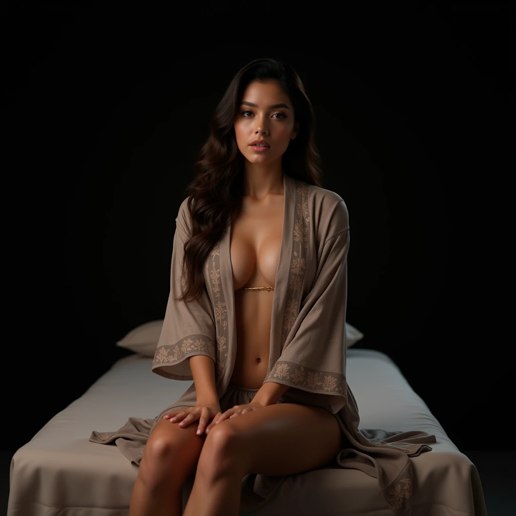 A beautiful young Latina woman, 18 years old, wearing an Asian-style kimono that accentuates her large breasts, her legs partially exposed, sitting on a massage table in a photography studio against a black background, (best quality,4k,8k,highres,masterpiece:1.2),ultra-detailed,(realistic,photorealistic,photo-realistic:1.37), extremely detailed eyes and face, long eyelashes, detailed skin texture, beautiful detailed lips, delicate facial features, elegant posture, dramatic lighting, cinematic composition, muted color palette, atmospheric mood