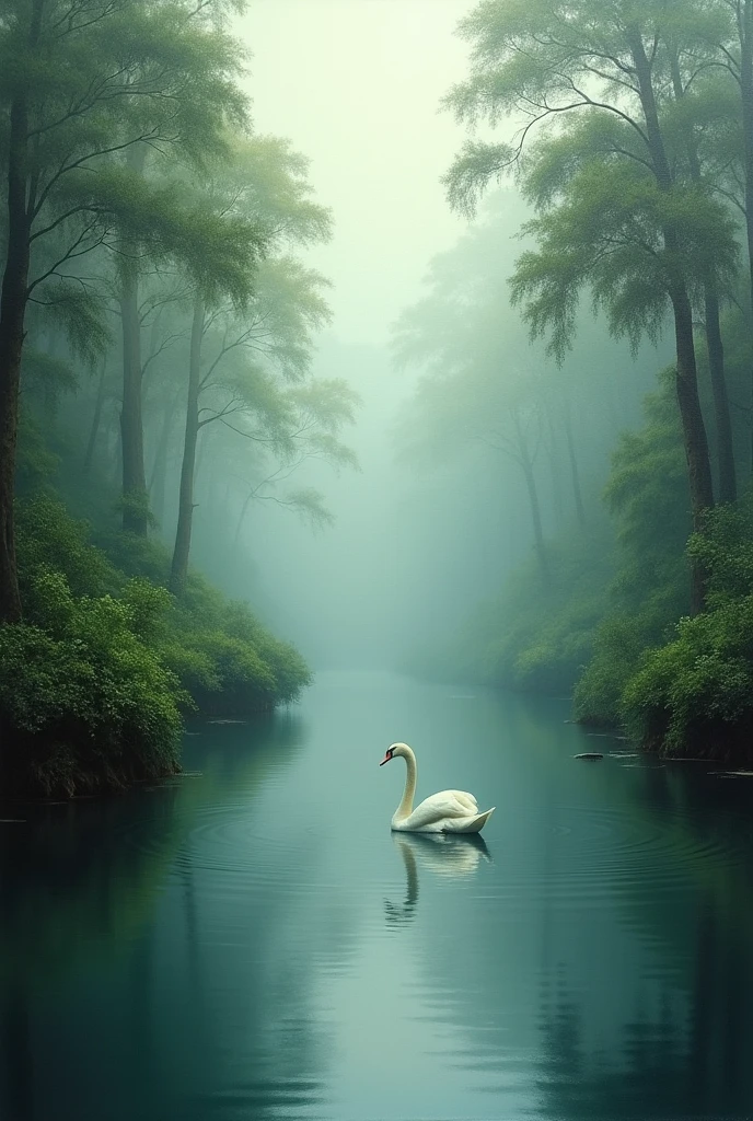 Painting of a lake surrounded by dense Atlantic forest, fog, swan in the water