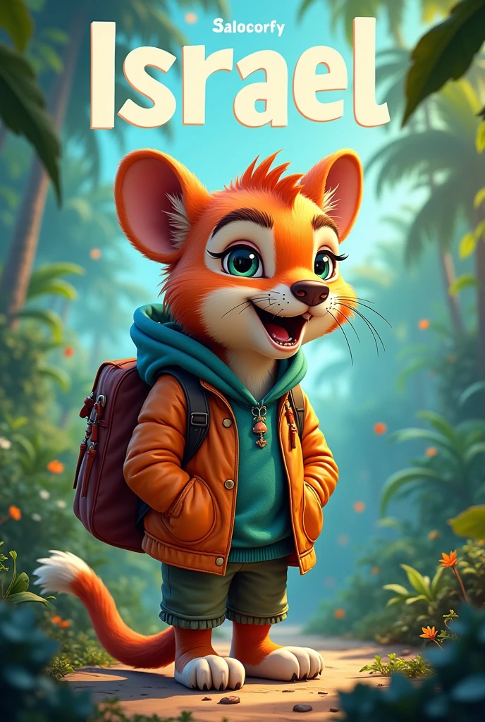 Create a flip book cover Add the name Israel to the top of the title page by adding a colorful, non-fictional, animated jungle or domestic animal with clothes.