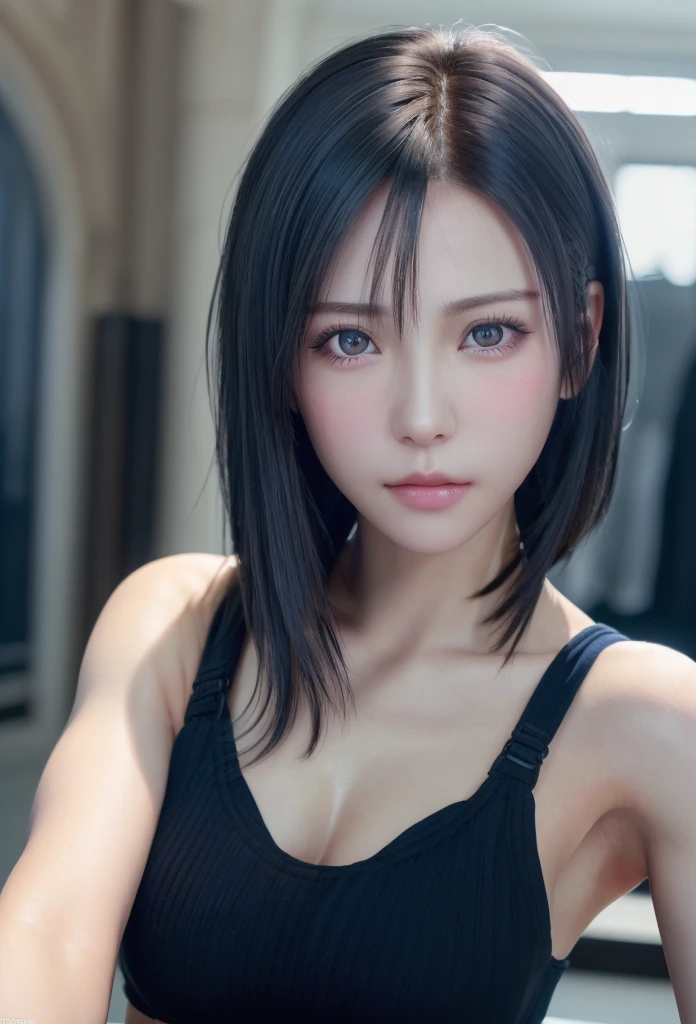 (masutepiece:1.3), (8K, Photorealistic, Raw photo, Best Quality: 1.4), (1girl in), Beautiful face, (Realistic face), (Black hair, Short hair:1.3), bikini of, Beautiful hairstyle, Realistic eyes, Beautiful detailed eyes, (Realistic skin), Beautiful skin, (Navy BL...