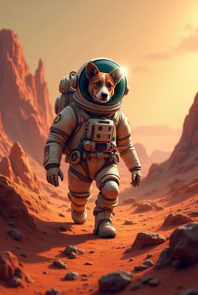 Dog walking on the moon in astronaut clothing. Leave only the dog in the image and dress the dog --auto --s2