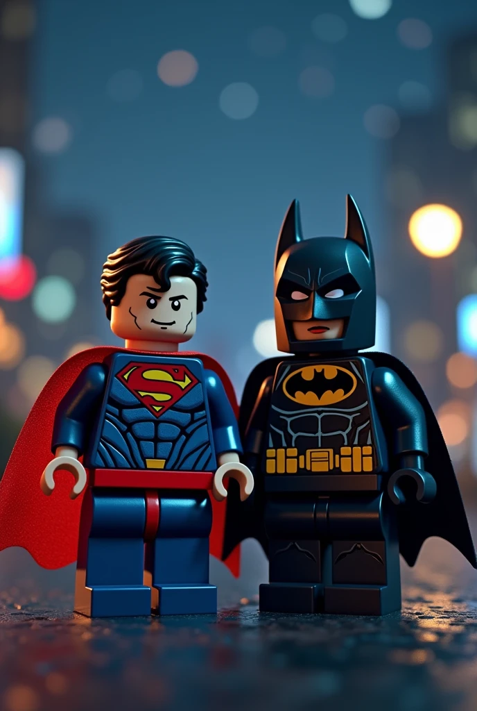 Superman and Batman in Lego art, at night.