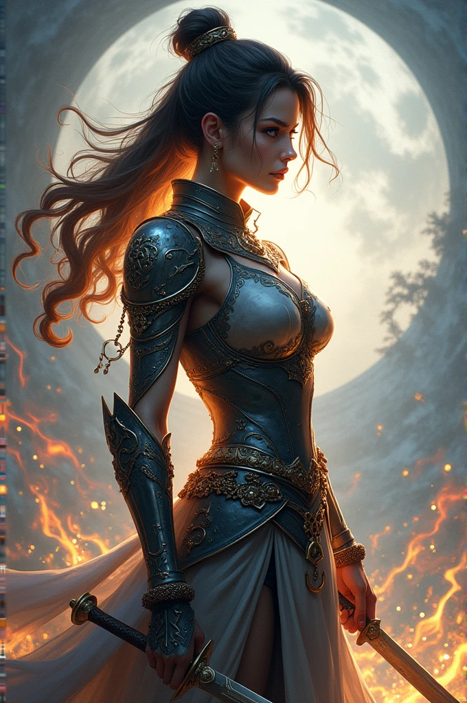 Female swordswoman looking to the side with powers in the background
