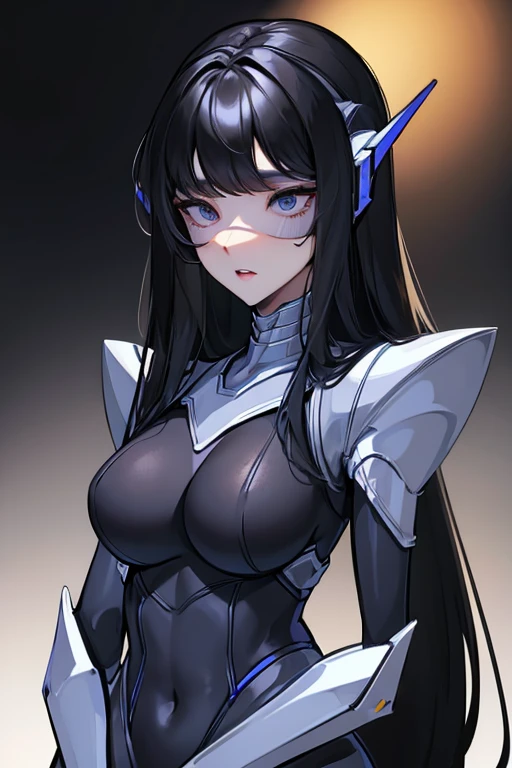 empty eyes,robotization,woman ,big bust,Robot Joint ,Metal skin,Black Suit,long hair,a black suit that covers the whole body