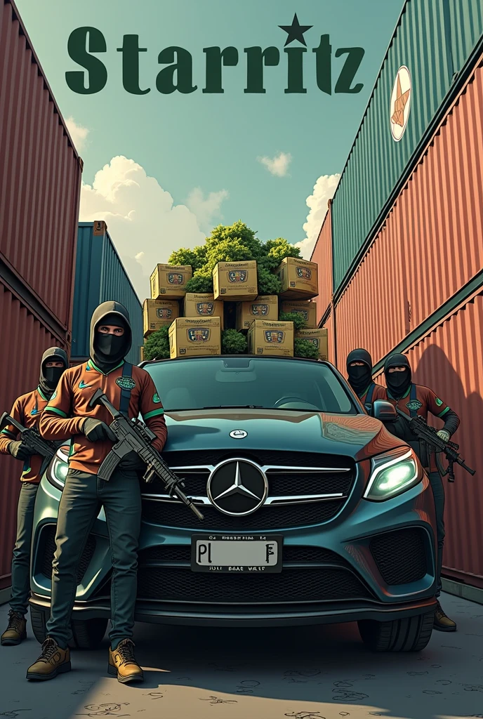 An animated image where a container full of packaged weed is being unloaded in a container port by several people and all people are wearing are fully masked and with weapons and Marokko Jersey and the weed is being loaded into the trunk of a Mercedes SUV. and at the top of the image the name „STARIOTZ“ is written in big large letters