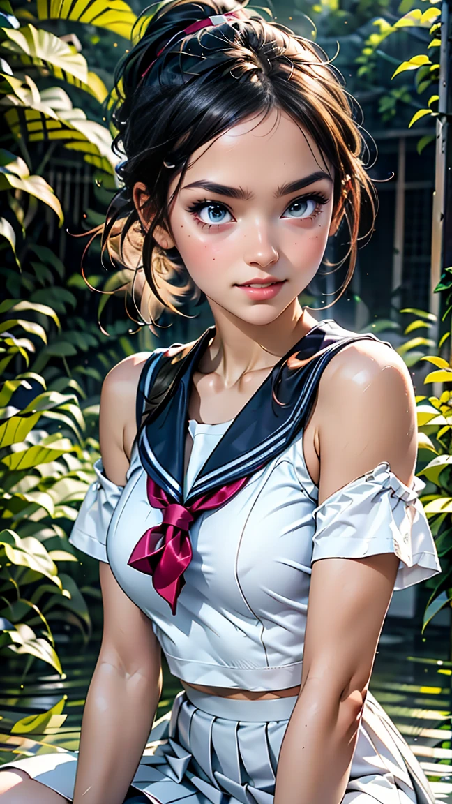 high school girl、White Sailor Suit（summer服)、White pleated skirt、White socks、loafers、ponytail、school bag、summer、sunset、Her underwear is visible through her old clothes.、In the depths of the night forest,､masterpiece, 最high quality, high quality, High resolution, (((Upper body portrait)))､Upper body portrait､black eye､Sitting with a smile